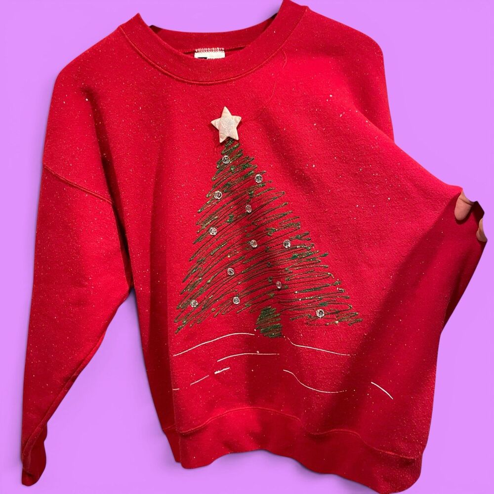 Cute vintage 80s broken in ugly holiday sweatshirt hand painted christmas tree